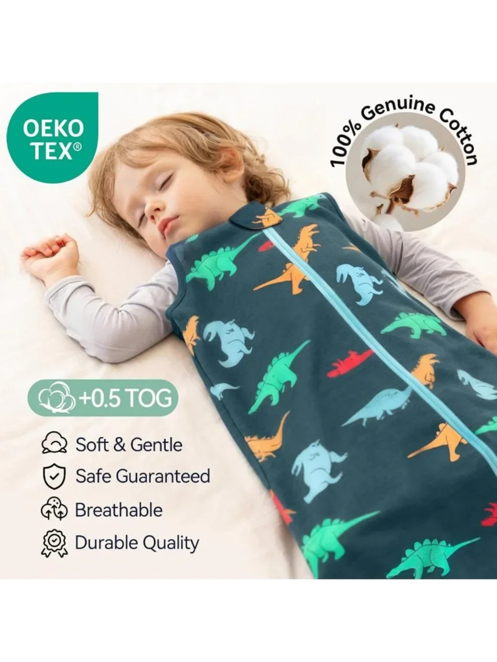 Cozy Baby Sleep Sacks 6-12 Months, 100% Cotton, 0.5 Tog, 2-Way Zip, 3 Pack